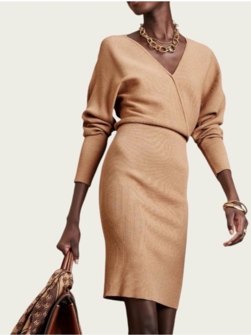 Banana Republic Camel Wrap-Style Ribbed Midi Dress 057